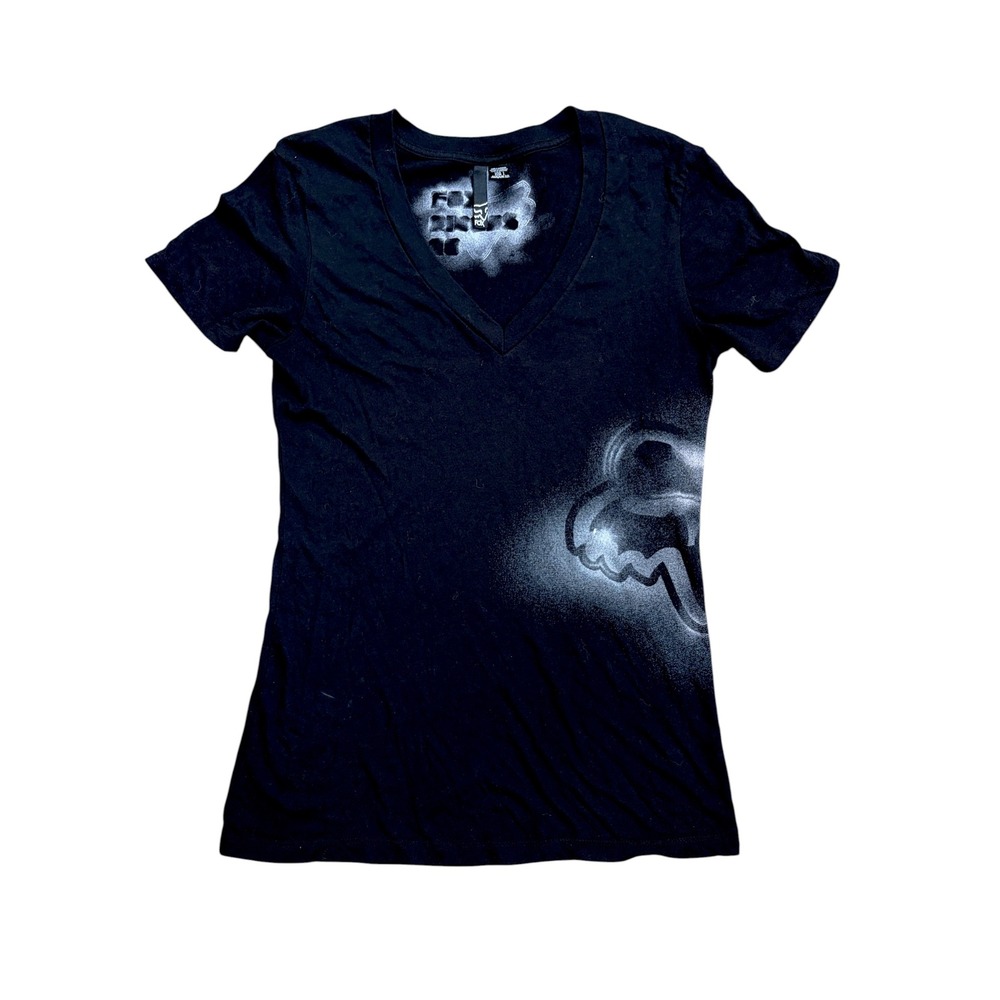 Fox Racing Women's V-Neck T-Shirt Black Airbrush Logo Graphic Tee Large
